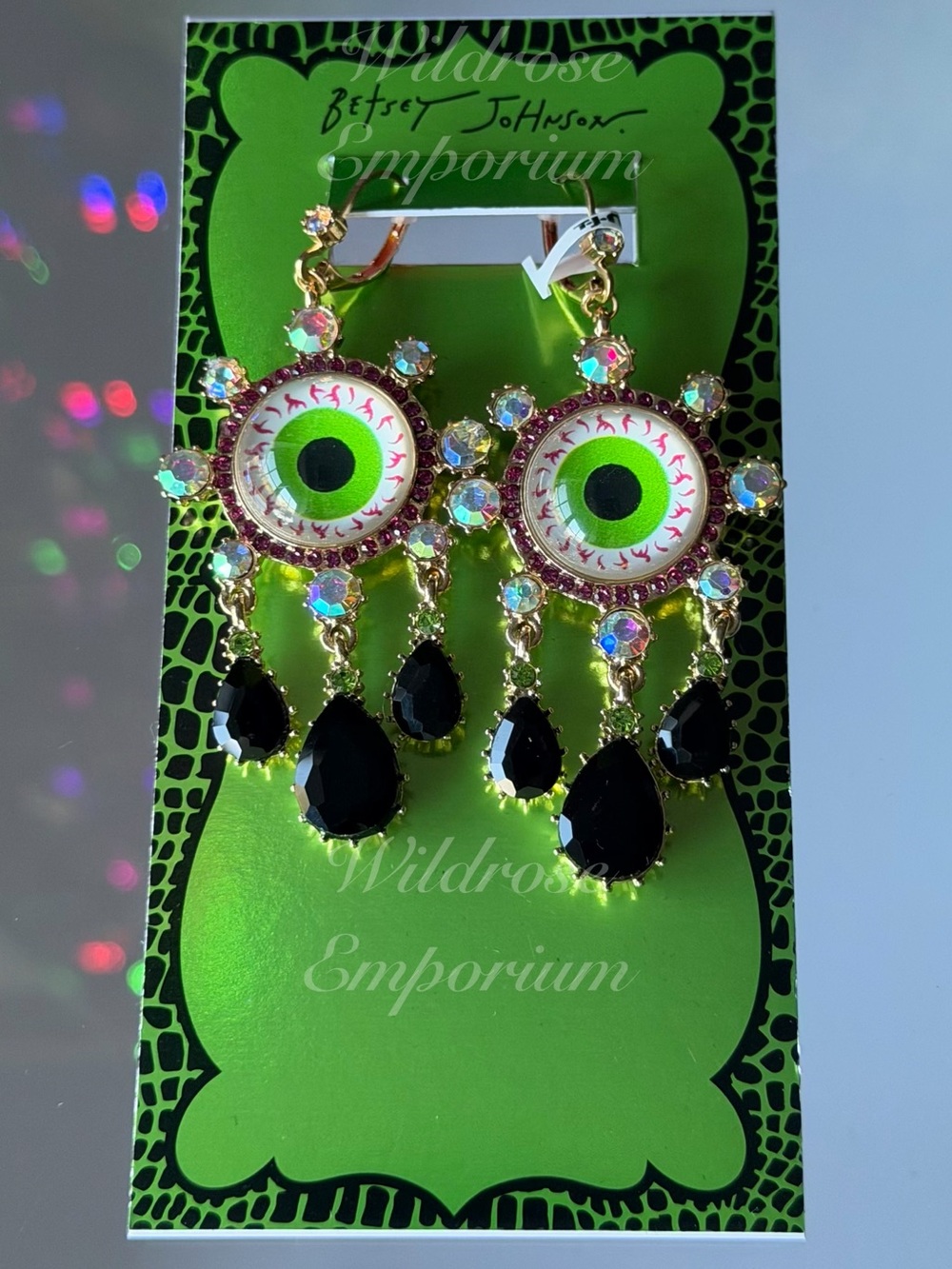 BETSEY JOHNSON DANGLE DROP EVIL EYE EARRINGS BLACK CRYSTAL TEARS HALLOWEEN NWT